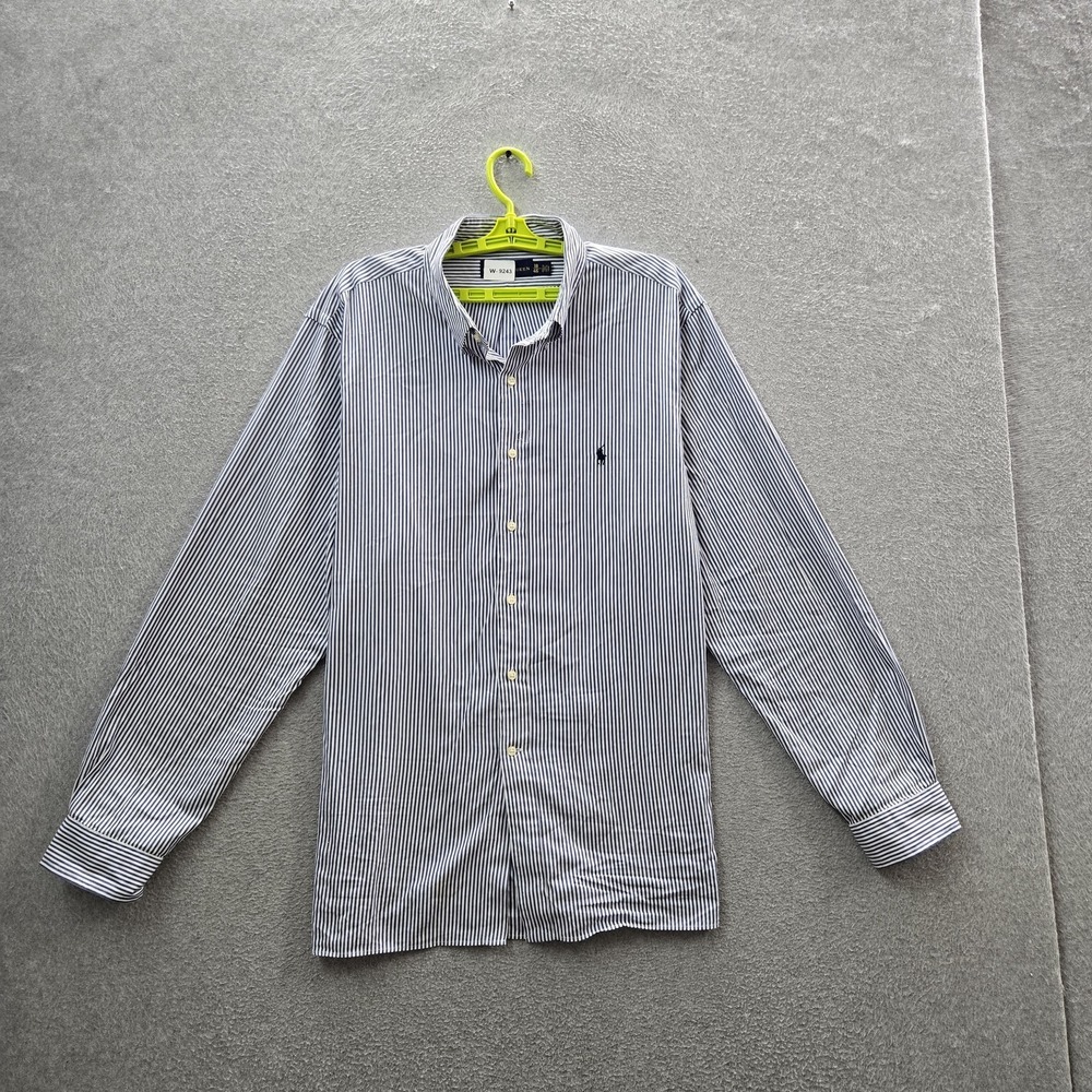Ralph Lauren Men Button Up Shirt 18 Blue Embroidered Striped Logo Dress